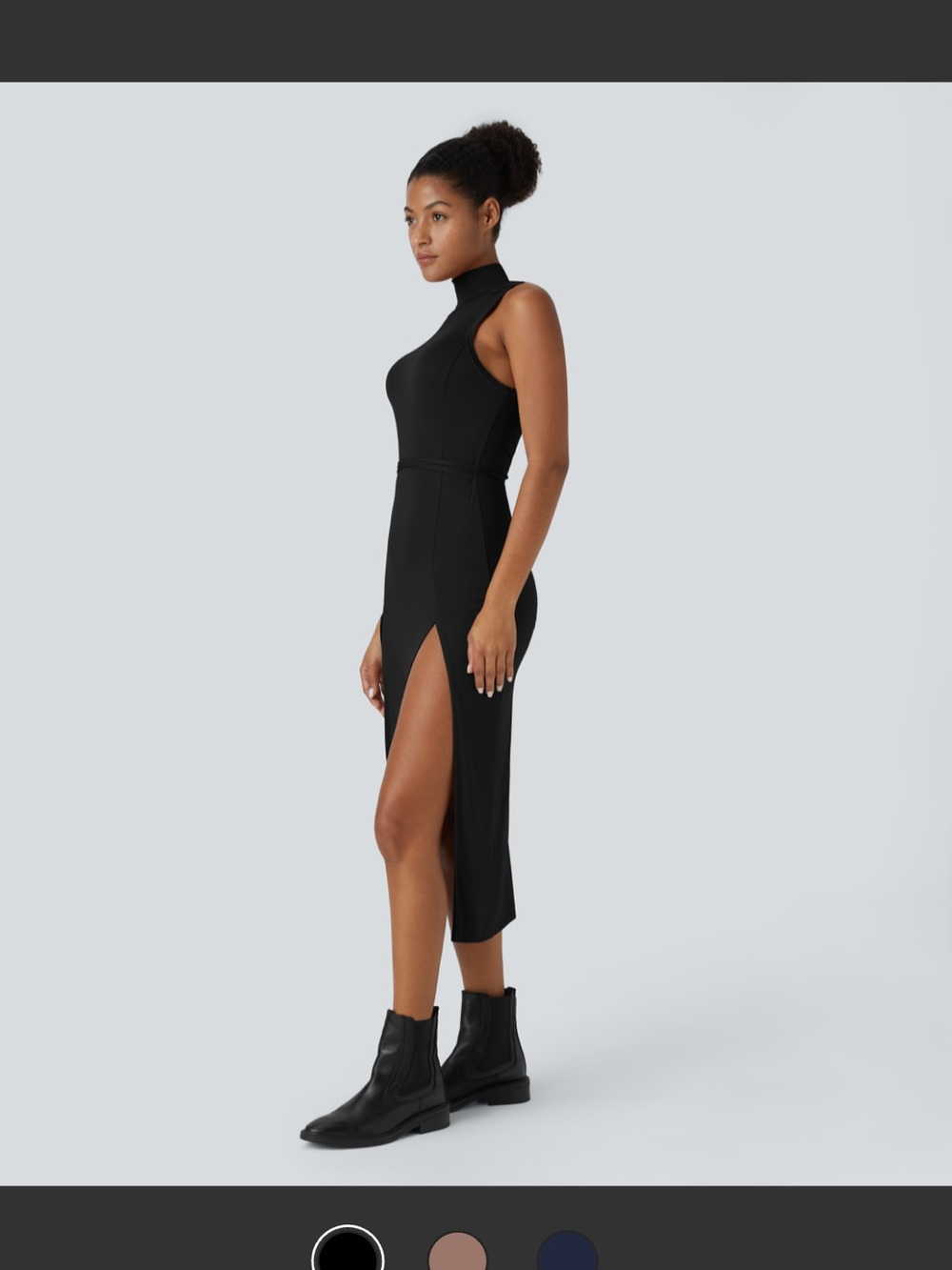 HALARA Black Sleeveless Turtleneck Midi Dress with Twin Front Slits